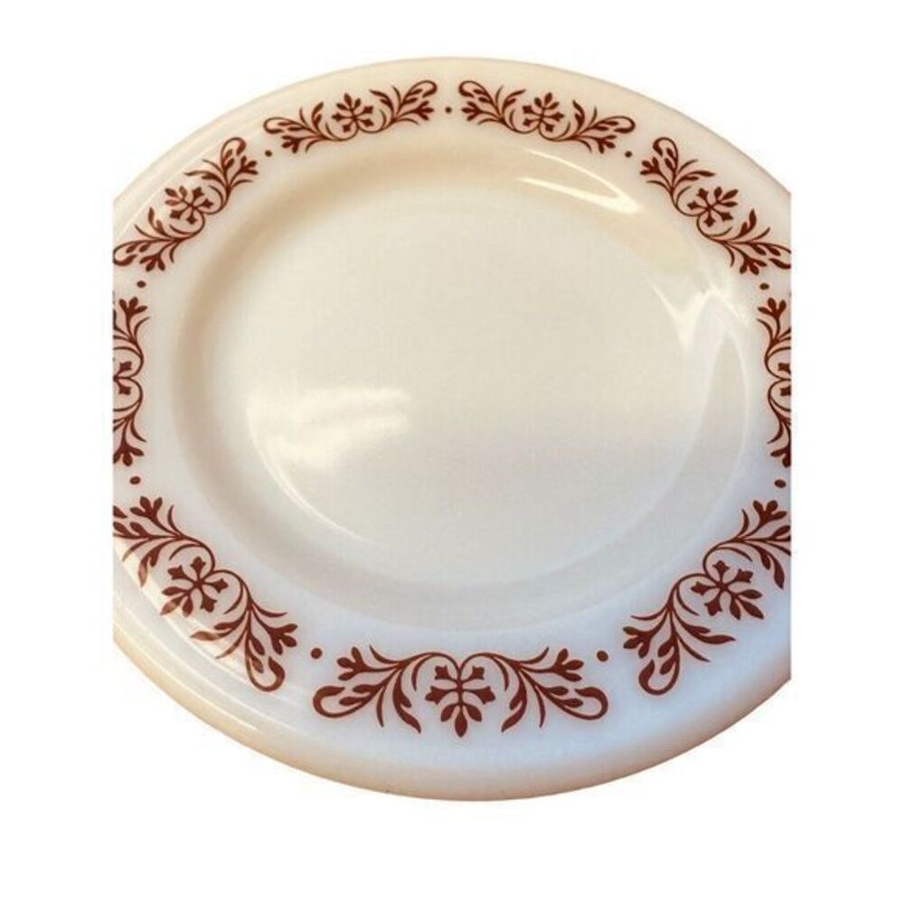 Pyrex‎ Milk Glass Copper Filigree Brown Scroll Rim 704-35 Bread Plate Vintage